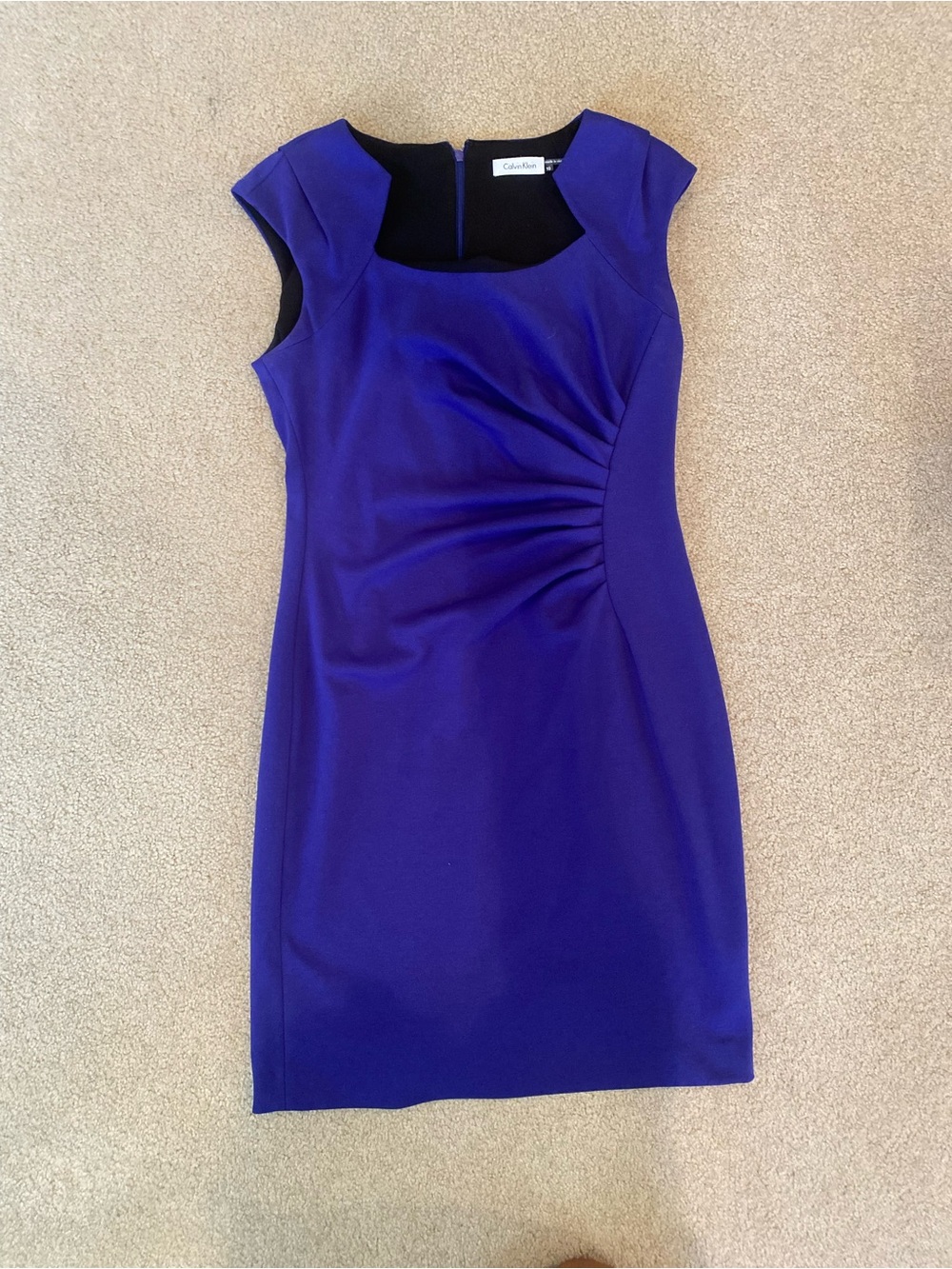 Calvin Klein Blue Ruched Sheath Dress Scoop Neck Cap Sleeve Knee Length Size 10